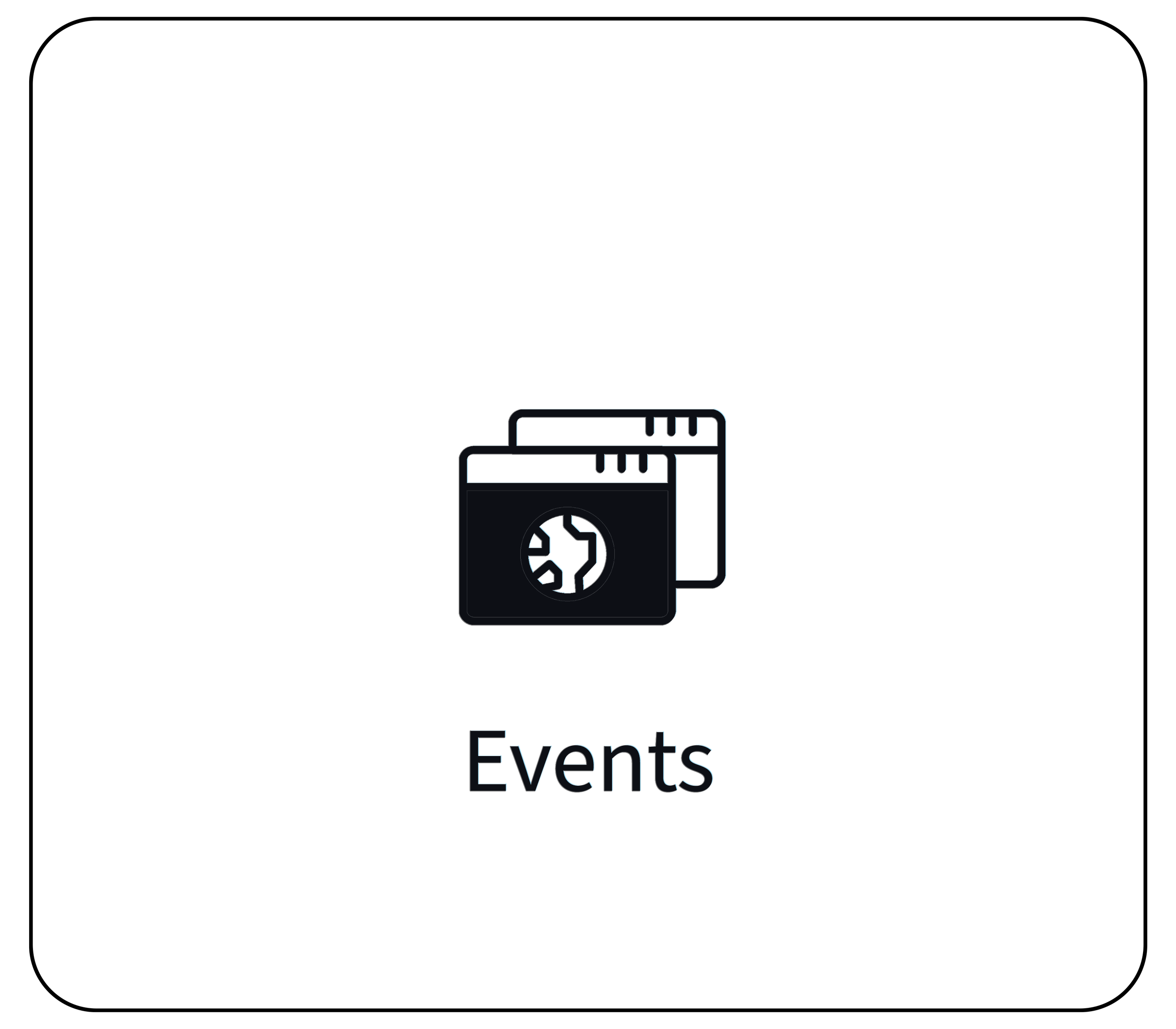 Outline icon of two web browser windows with a globe inside, labeled 'Events'