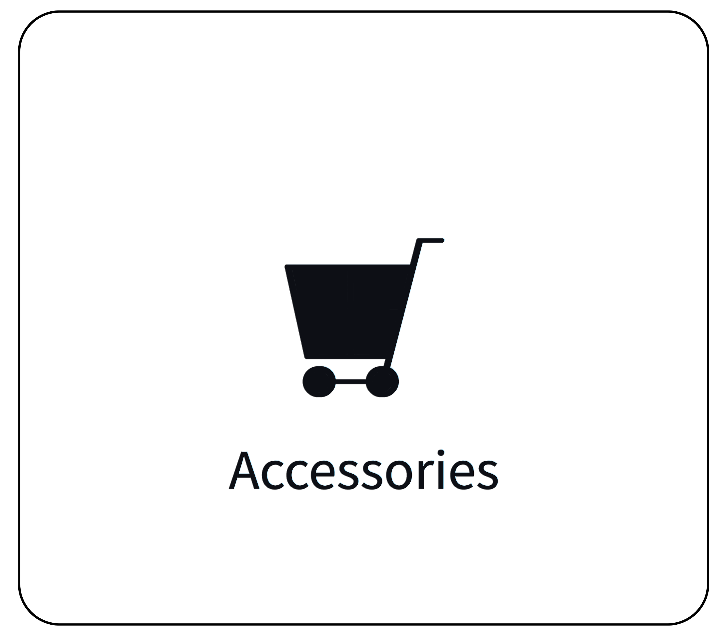Black background with a minimalist outline of a shopping cart icon and the word 'Accessories' written beneath it in blue text.