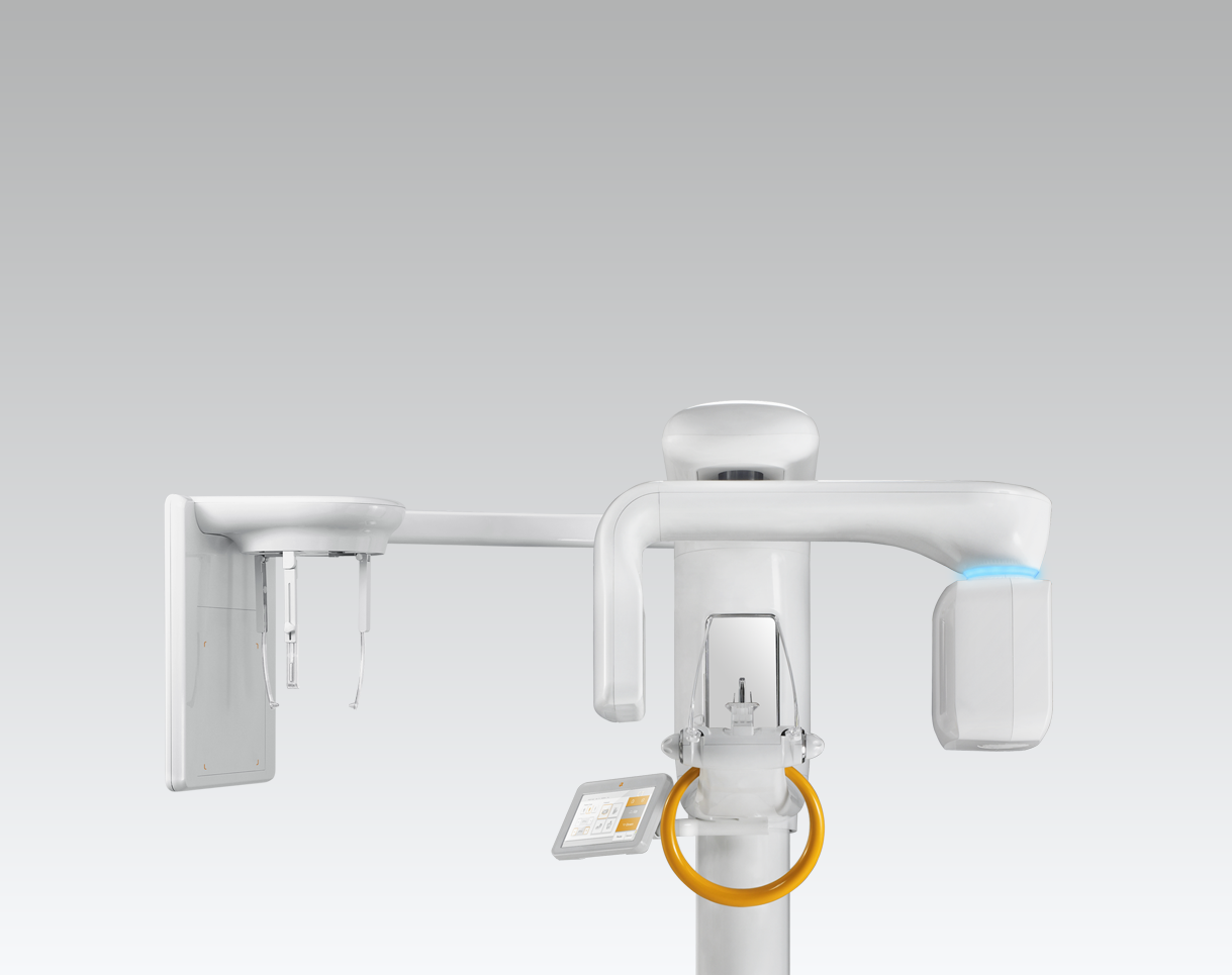 Medical imaging equipment, including a large arm with mounted devices and a control panel, set against a gradient background.