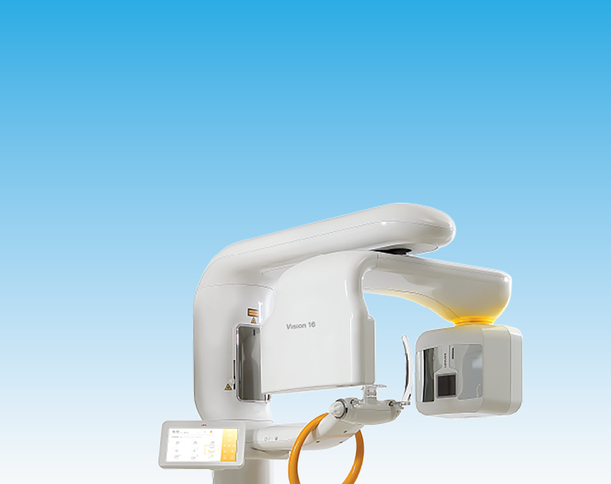 A medical imaging machine, specifically a cone beam CT scanner, with a large white arm and a patient table, set against a gradient blue background.
