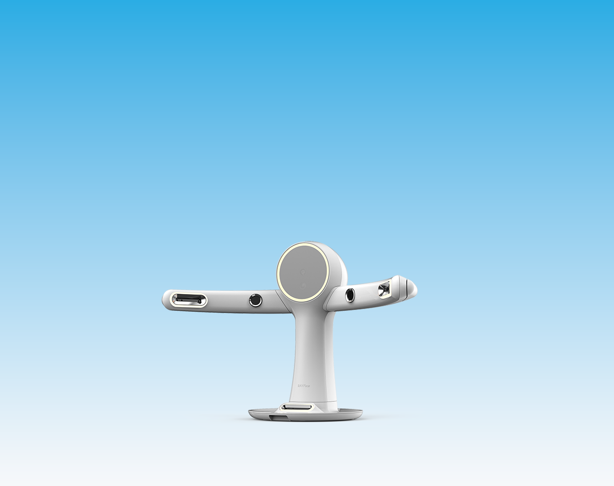 A white multi-directional electronic device with various ports and a speaker, standing on a circular base against a blue gradient background.