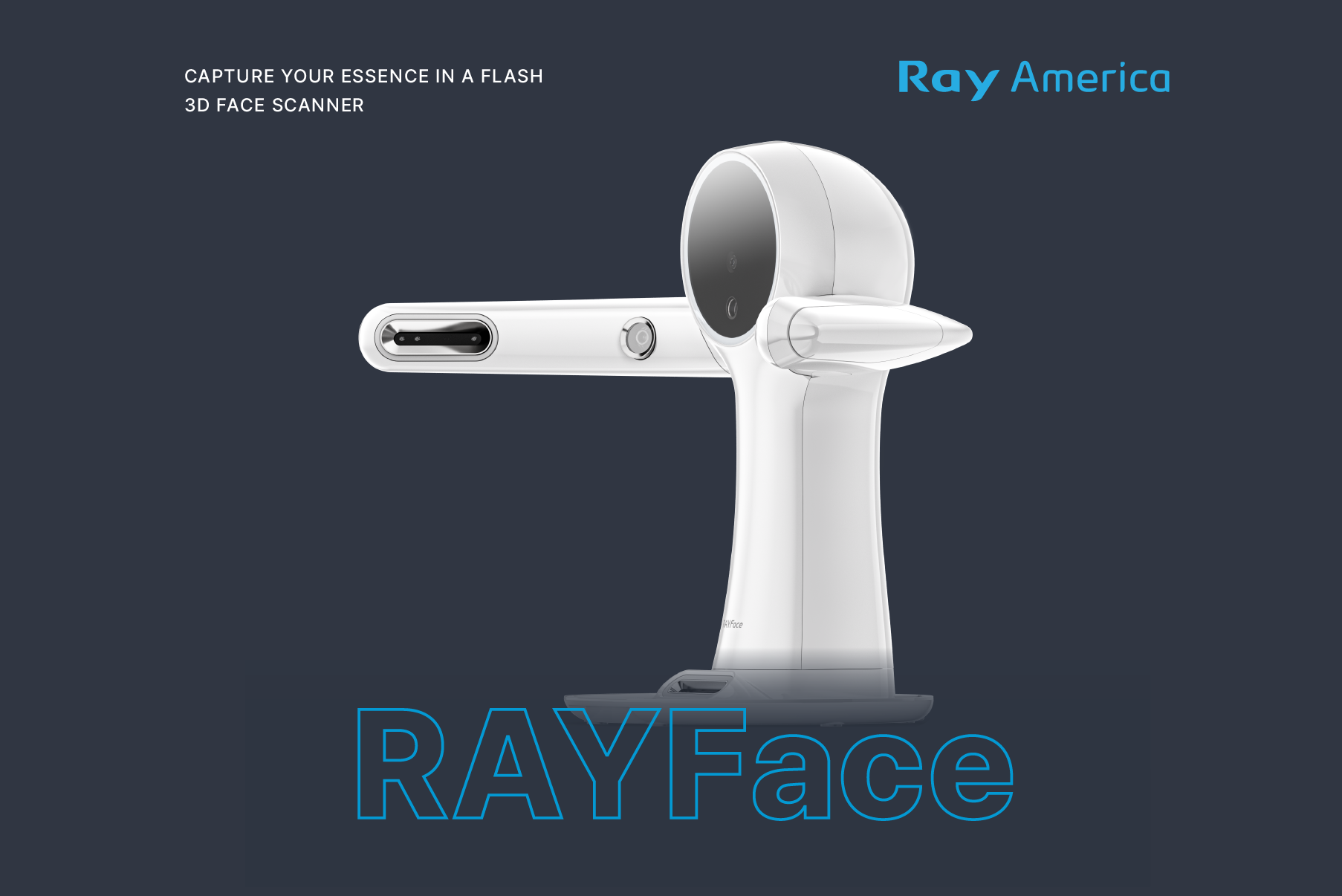 A white 3D face scanner with a device and stand, branded Ray America, with text indicating it's a 3D face scanner for capturing facial features quickly.