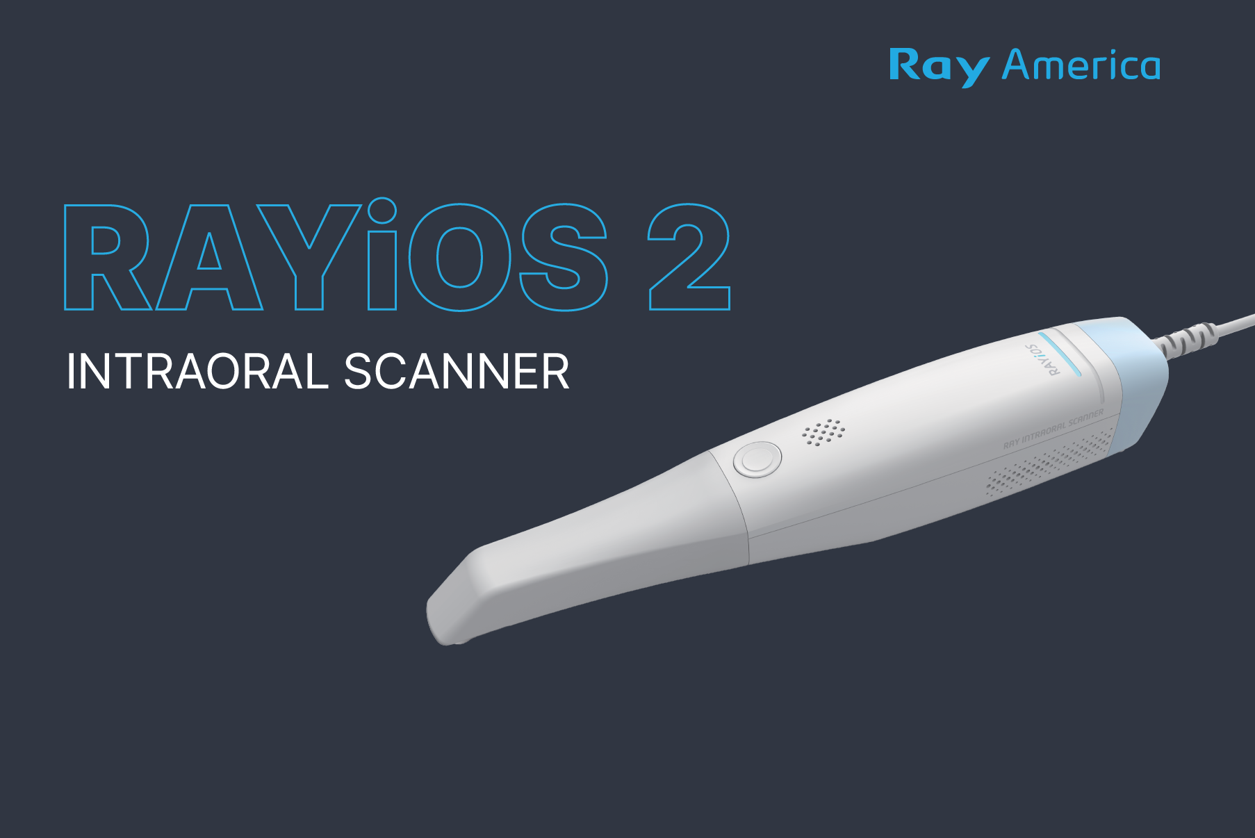 Packaging box for RayAmerica Rayios 2 intraoral scanner, featuring a white and blue scanner device on a dark blue background.