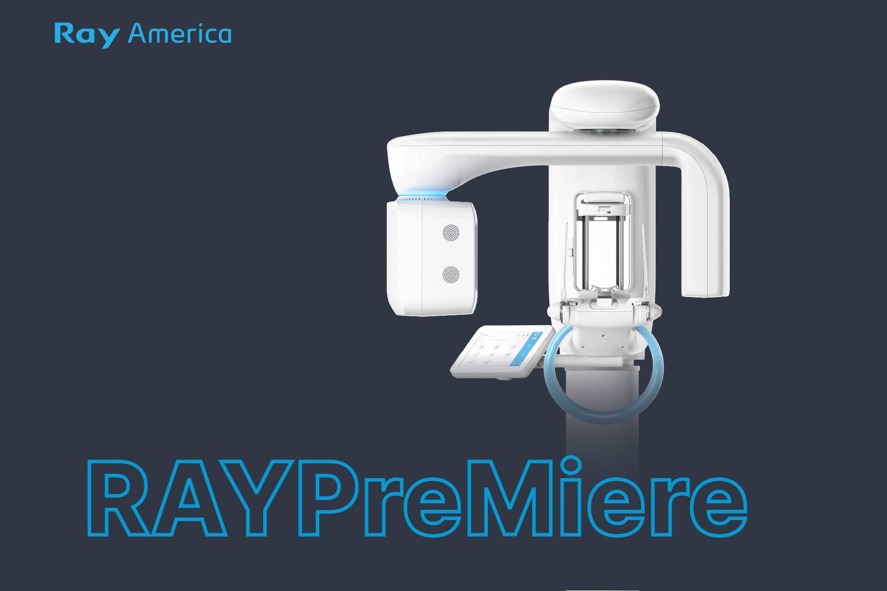 A modern dental panoramic X-ray machine with a white finish and digital control panel, branded as RAYPreMiere by Ray America.