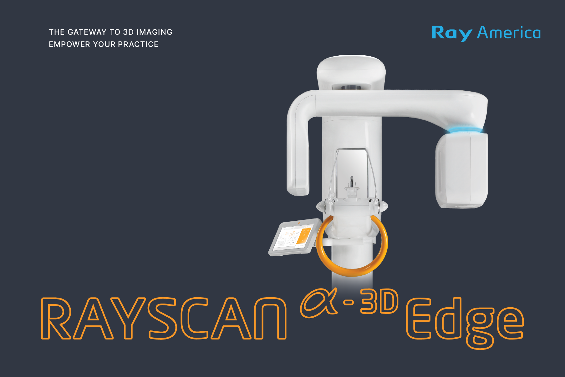 An advertisement for Ray America RAYSCAN α-3D edge medical imaging equipment, featuring a large white medical device with a small touchscreen panel, set against a dark background.