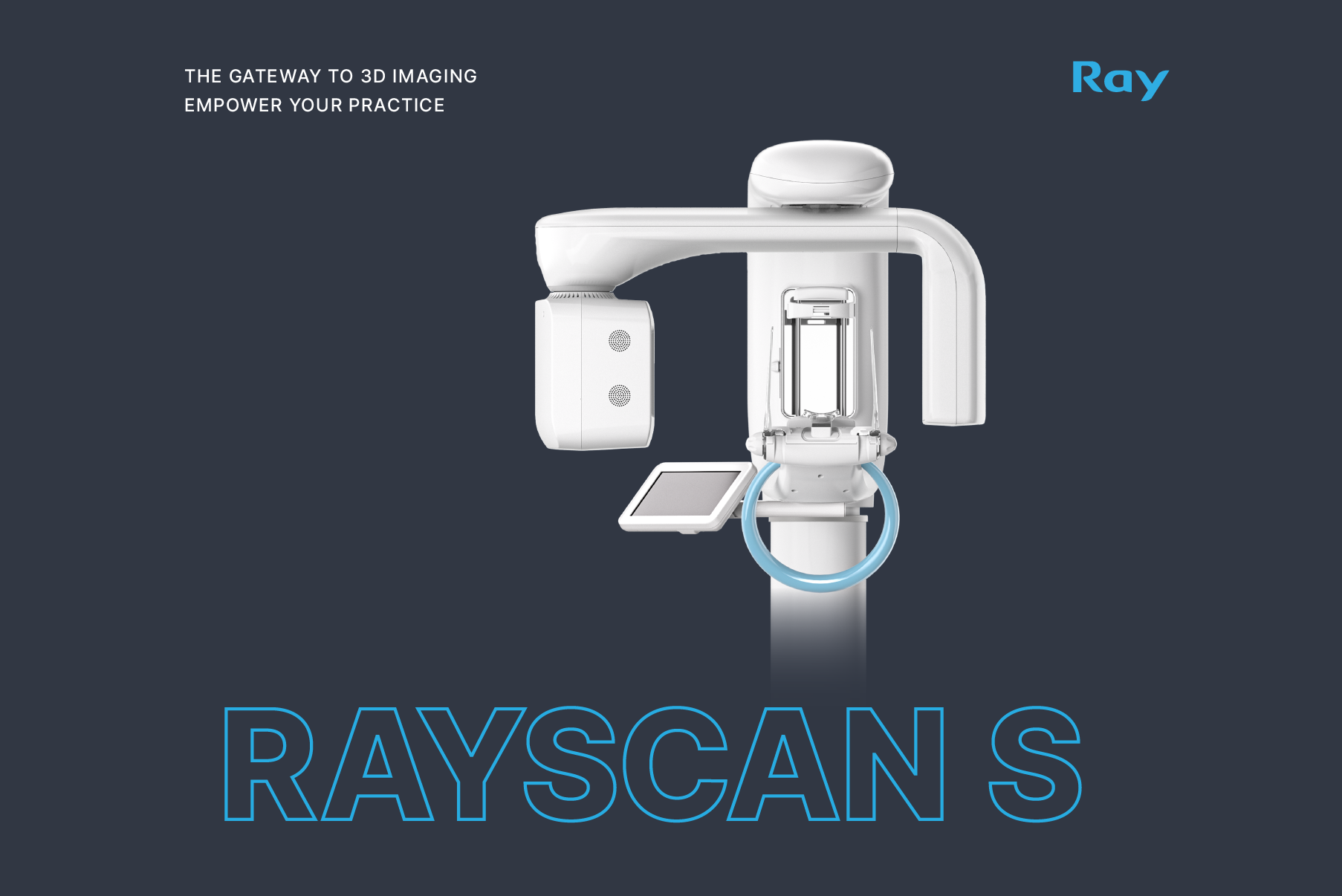 Digital advertisement for Ray's 3D imaging technology, showing a modern medical imaging machine against a dark background with text promoting 3D imaging and practice empowerment.