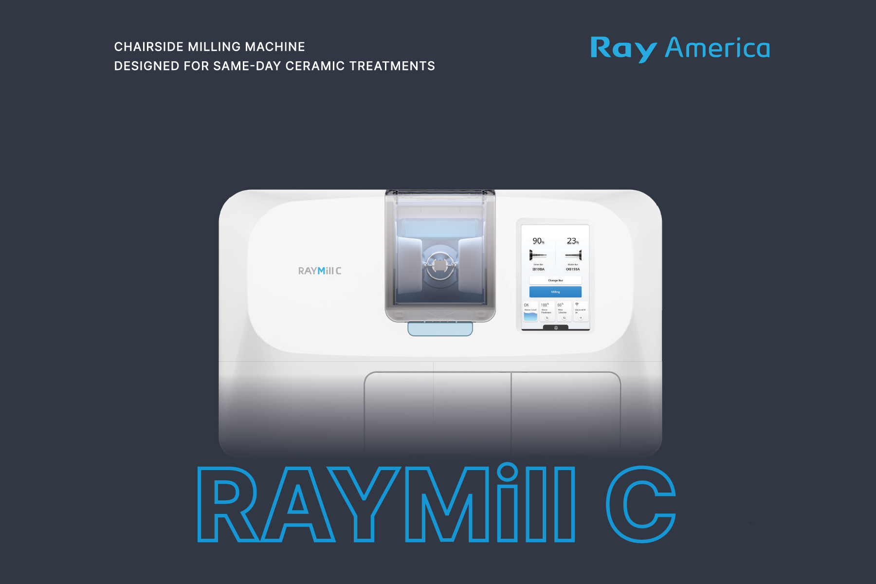 Front view of a RaySmile chairside milling machine for same-day ceramic dental treatments, featuring a touchscreen interface and a milling chamber.
