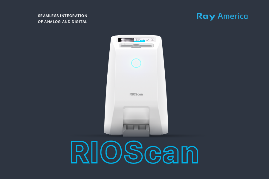 A white document scanner with a digital display on top, labeled RIOscan, on a dark blue background with the text "SEAMLESS INTEGRATION OF ANALOG AND DIGITAL" and "Ray America".