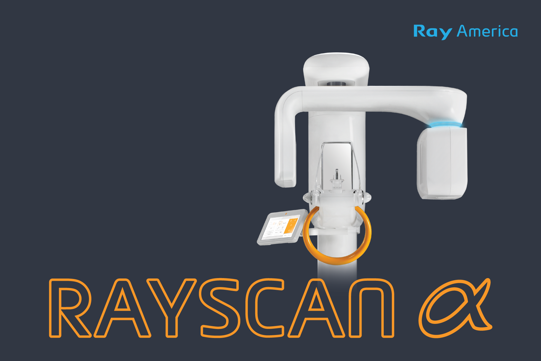 An illustration of a medical imaging device called RayScan Alpha against a dark background, with the words 'RayScan Alpha' in orange at the bottom and 'Ray America' in blue at the top right.