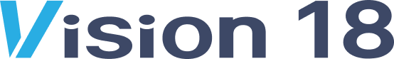 Logo for Vision 18, featuring the word 'Vision' in black and blue text with the number 18.