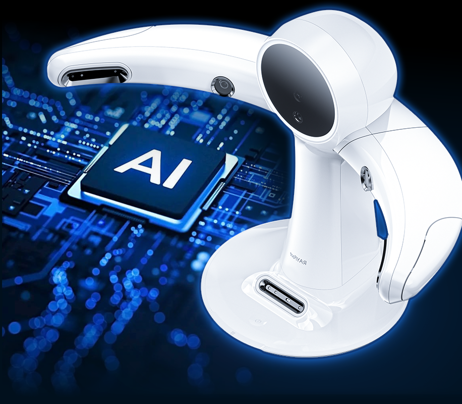 A robotic device with a camera and sensors positioned over a digital circuit board that has a chip labeled 'AI'.