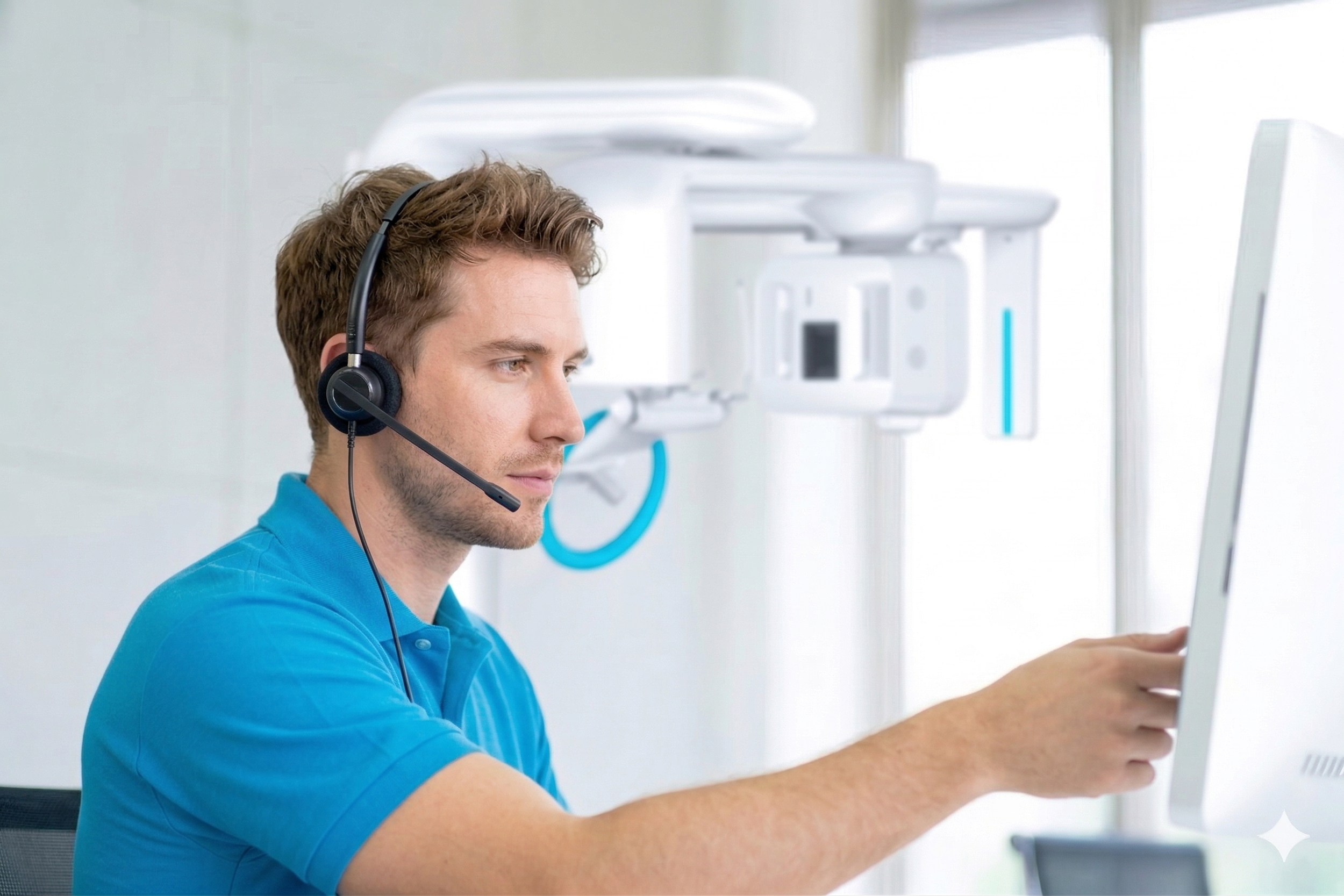 A man wearing a blue polo shirt and a headset is sitting at a computer in a medical or dental office, with x-ray imaging equipment visible in the background.