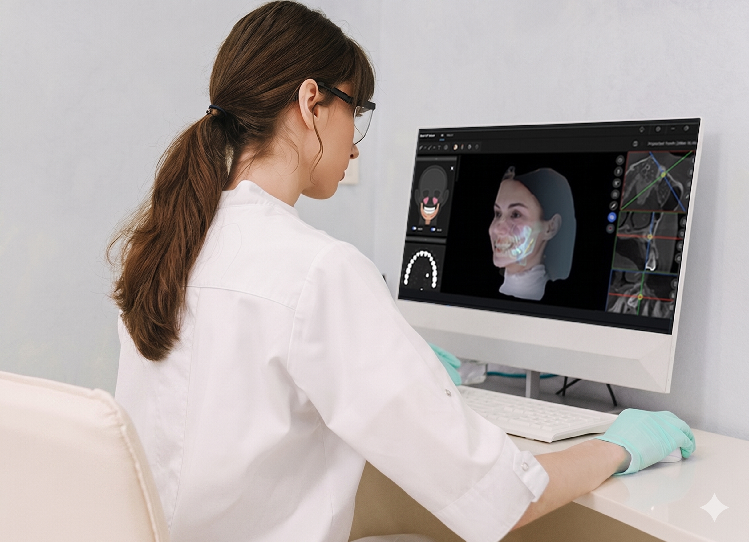 A medical professional with brown hair tied back, wearing glasses, a white coat, and gloves, examining a 3D facial scan on a computer monitor in a clinical setting.