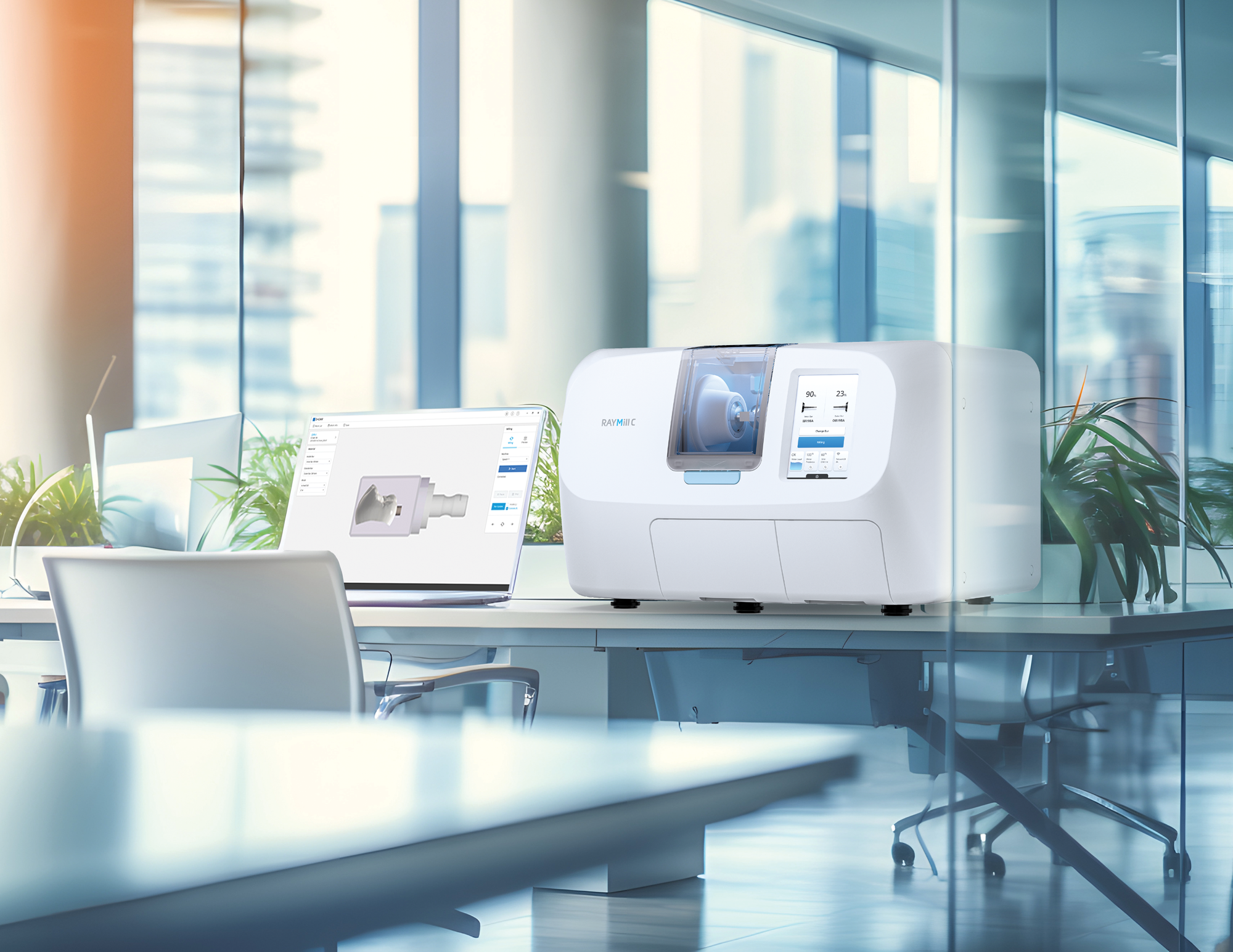 Modern office with a dental 3D printer, a laptop displaying a design, and chairs near large windows.