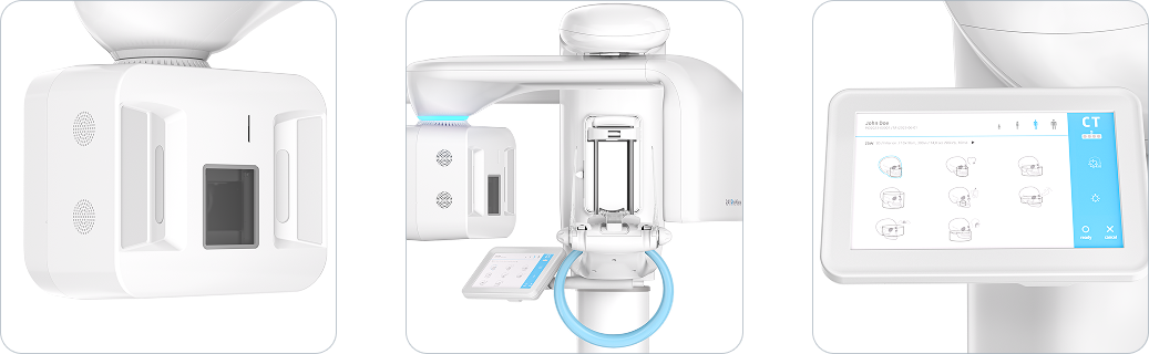 Medical imaging setup with a large white MRI machine, a control panel, and a touchscreen interface for patient data.