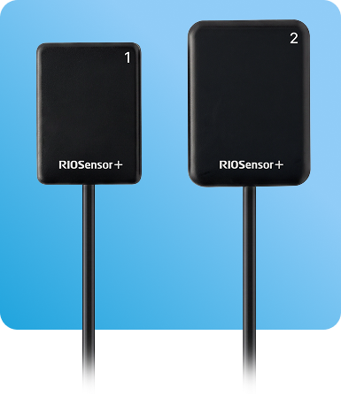 Two black RIOSensor+ devices labeled 1 and 2, connected by cables, on a light blue background.
