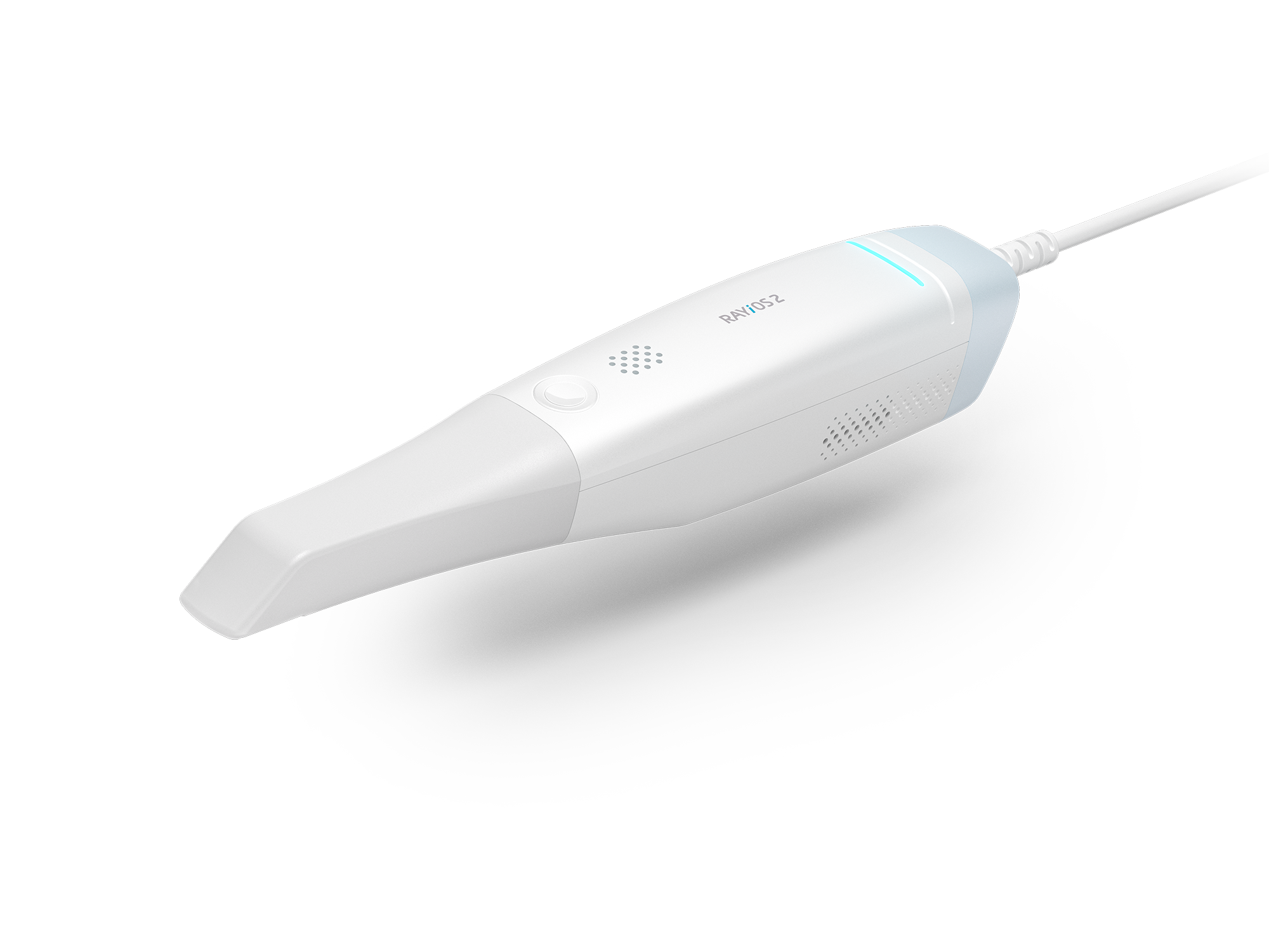 A handheld intraoral scanner, with a white body, a light blue light strip, and a cord attached, against a black background.