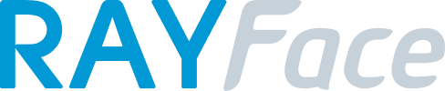 Close-up of a logo with the text 'RAYFace' in stylized blue and gray letters.