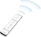 A sleek remote control placed on a futuristic, illuminated surface with neon blue and red accents.