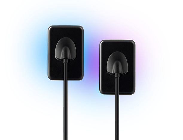 Two black wireless microphone systems with antennas, set against a colorful, digital background.