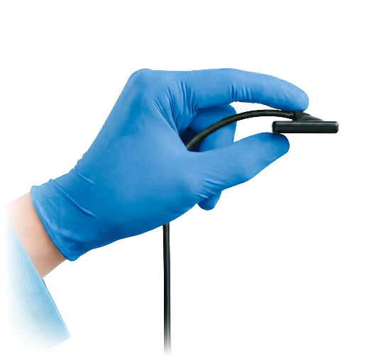 A hand in a blue medical glove holding a medical cable or device.
