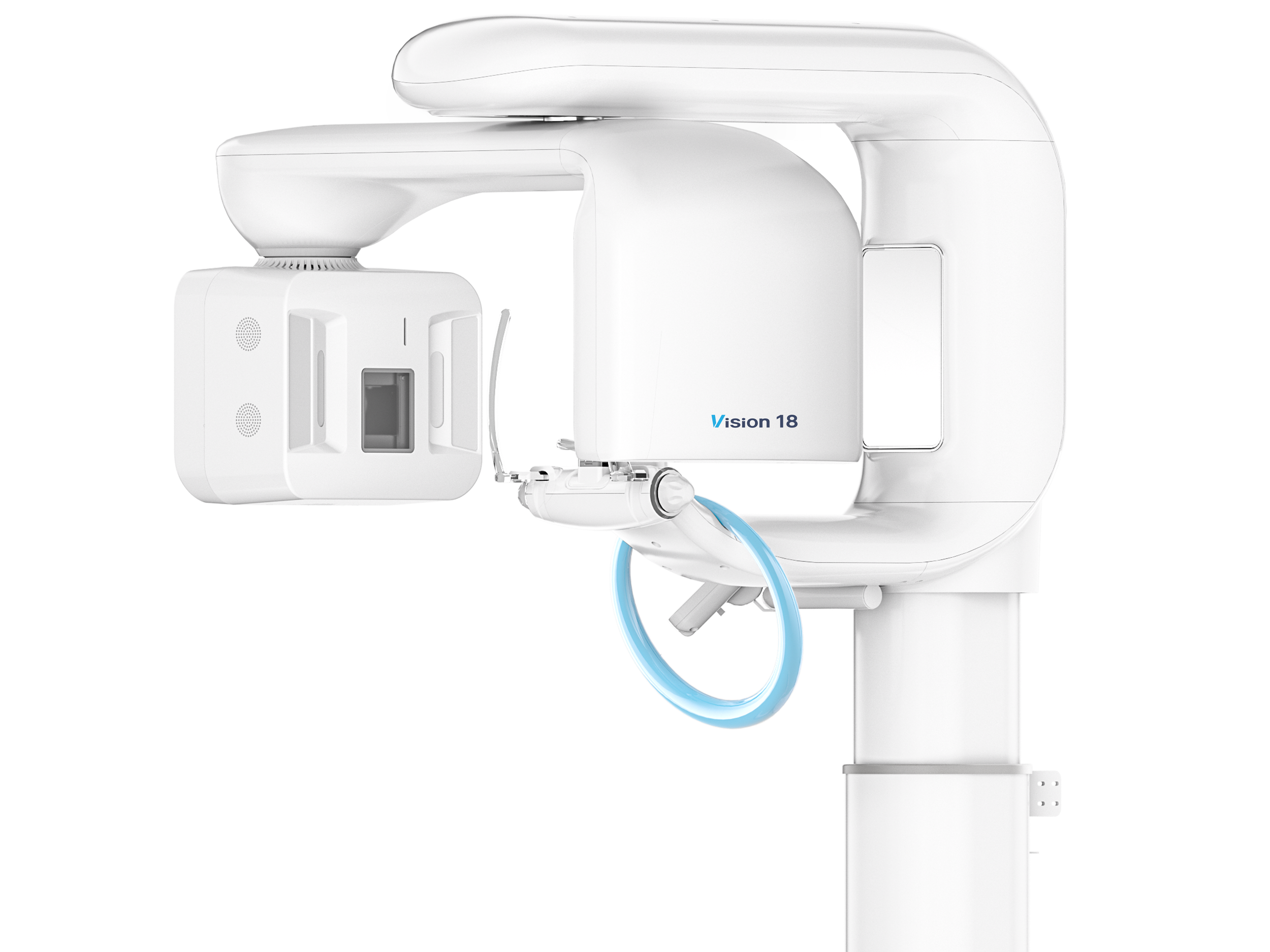 A white, dental CBCT device, called Vision, with a white monitor and a rounded arm for imaging