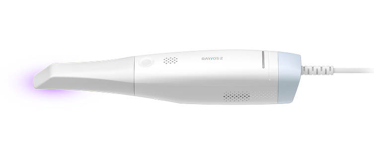 A medical device emitting purple laser light, labeled 'RAYOS 2'.