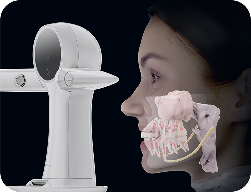 A woman getting a dental X-ray using a modern dental imaging machine.