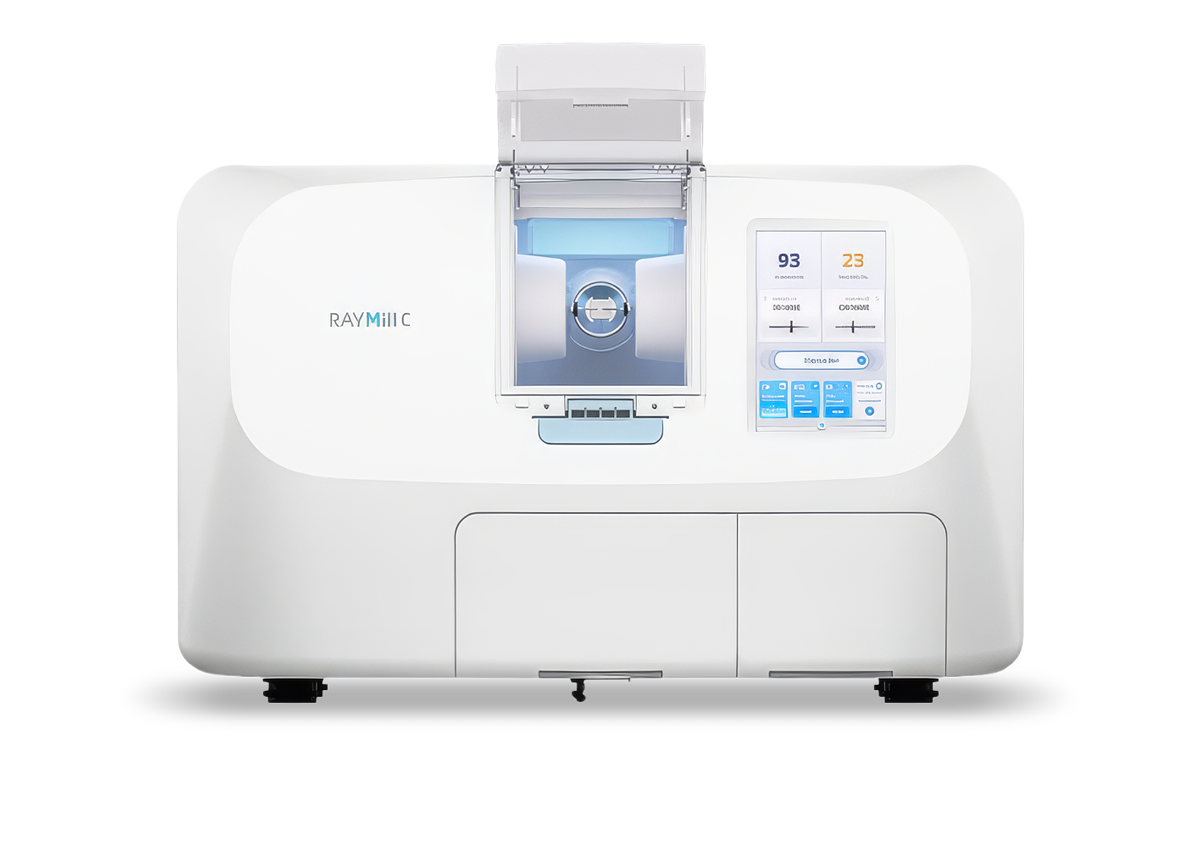 Medical imaging machine with a central circular scanner, digital display, and a control panel, labeled RAYMIIIC.