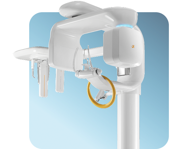 A modern dental X-ray machine with a white body and a robotic arm.