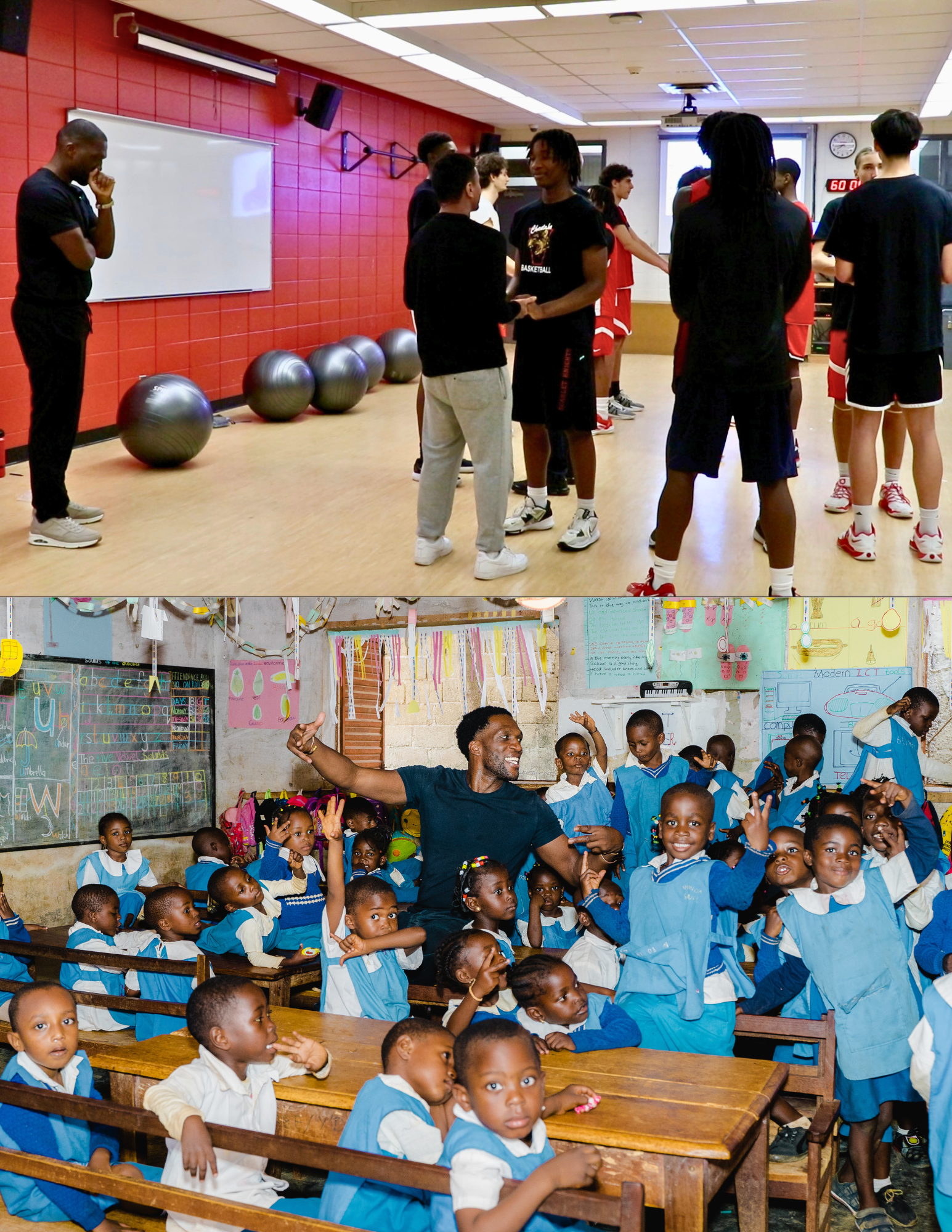 Steven Asei Dantoni Nkoué working with young athletes and primary school students.