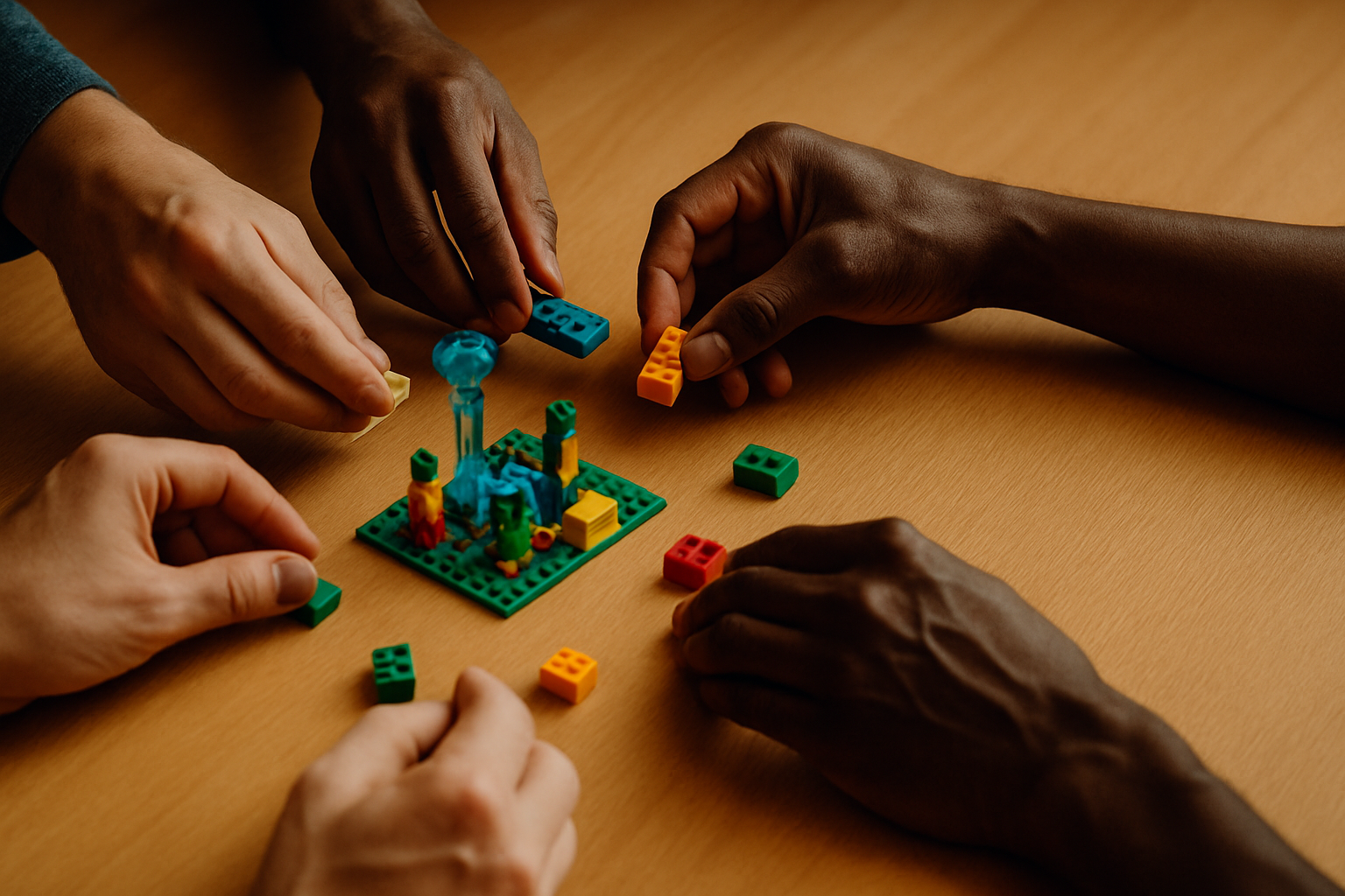 Hands building a shared LEGO® SERIOUS PLAY® model during a team culture exercise.