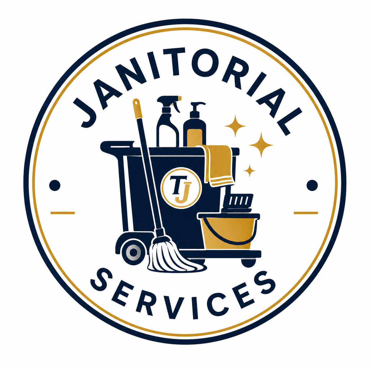 Logo for Janitorial Services featuring cleaning supplies, a mop, spray bottles, a bucket, and sparkling stars in navy and gold colors with the initials TJ