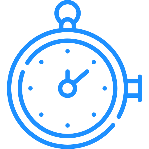 Line drawing of a stopwatch with a blue outline, showing the time at 02:10.