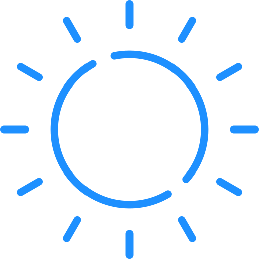 Blue sun icon with rays around a partial circle.