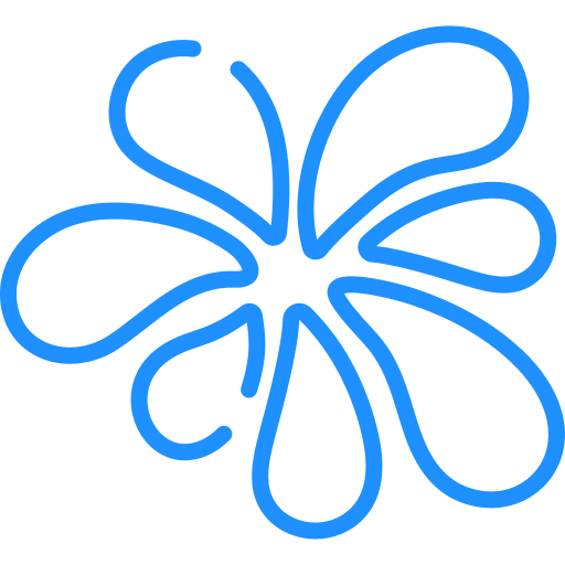 A blue line art illustration of a flower with multiple petals on a black background.