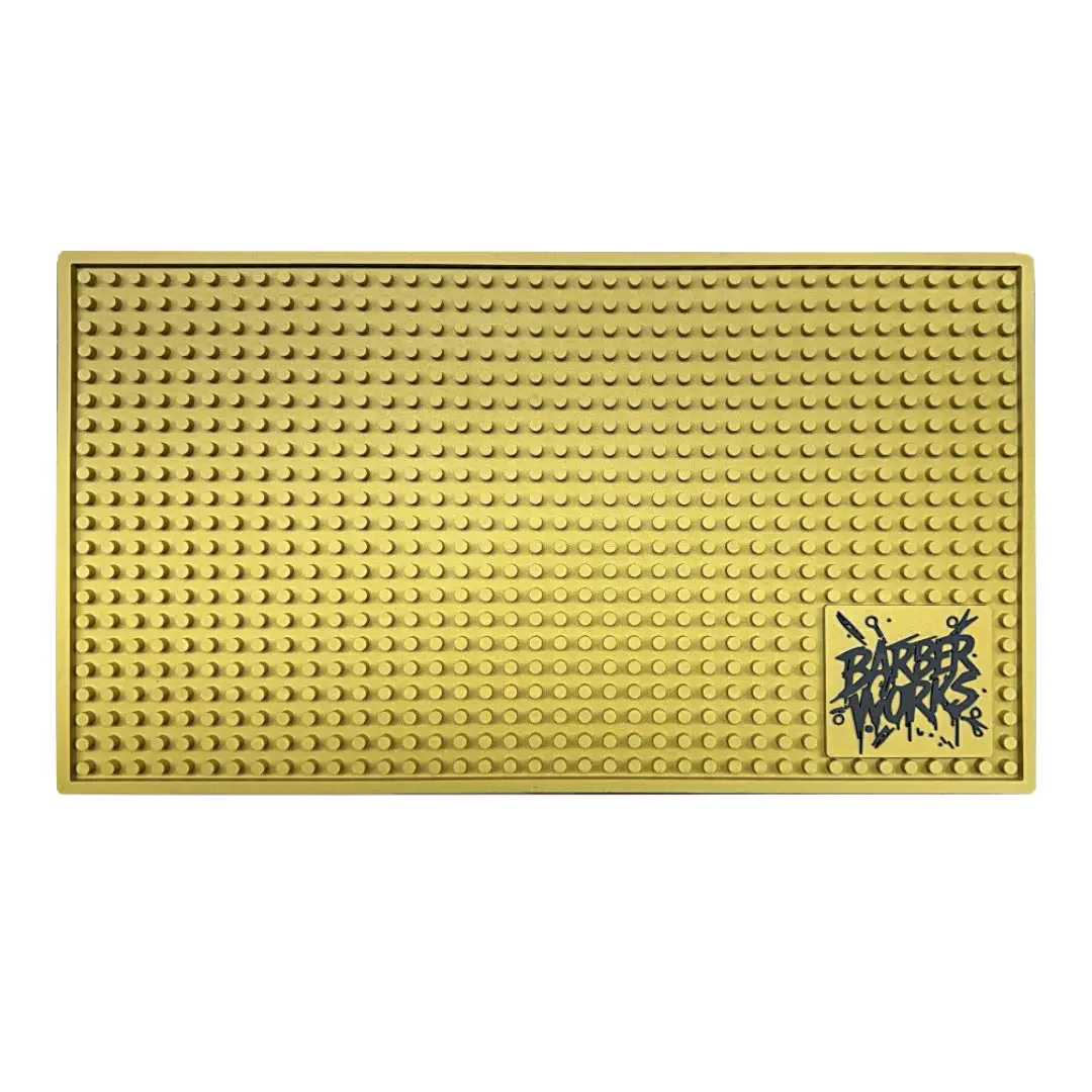 Barber Works Professional Station Mat 17.5" x 10" - Heavy-Duty, Water & Heat Resistant Non-Slip Tool Mat - Gold BW-604.webp