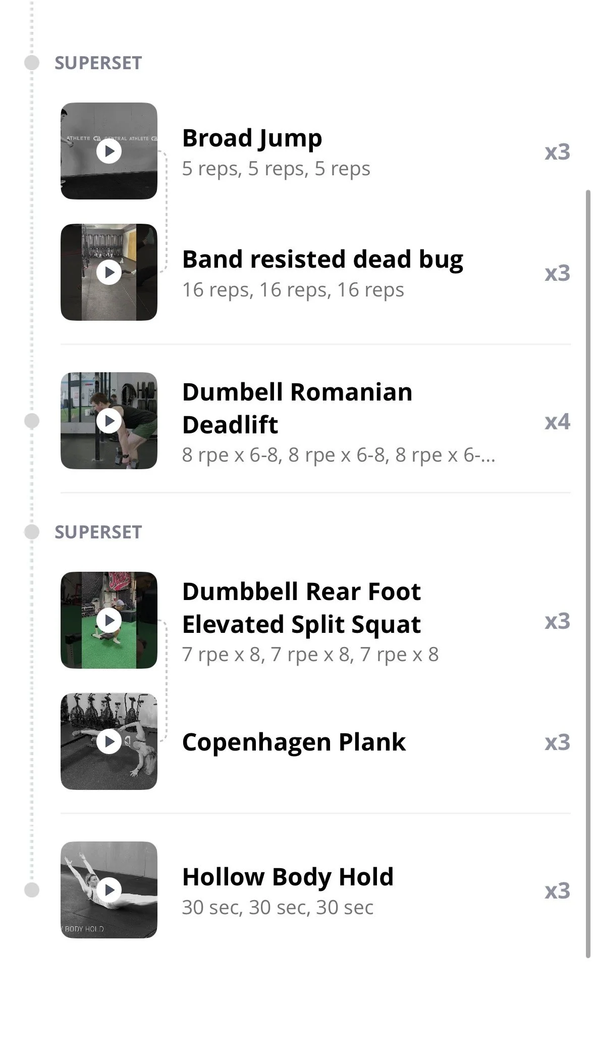 Screenshot of a fitness workout app showing various exercise videos including Broad Jump, Band resisted dead bug, Dumbbell Romanian Deadlift, Dumbbell Rear Foot Elevated Split Squat, and Hollow Body Hold.