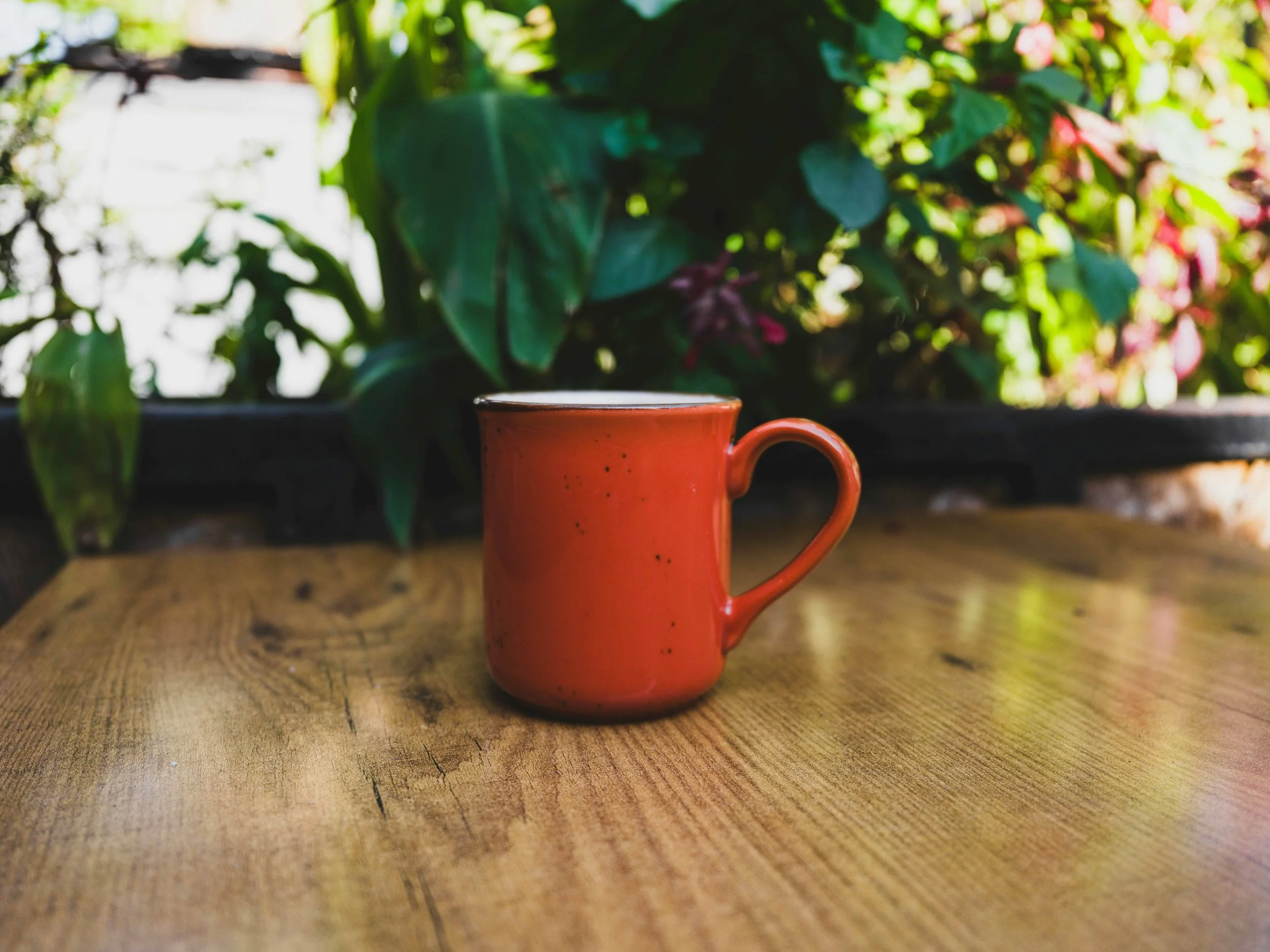 An orange ceramic mug on a wooden surface with green foliage and pink flowers in the background.
