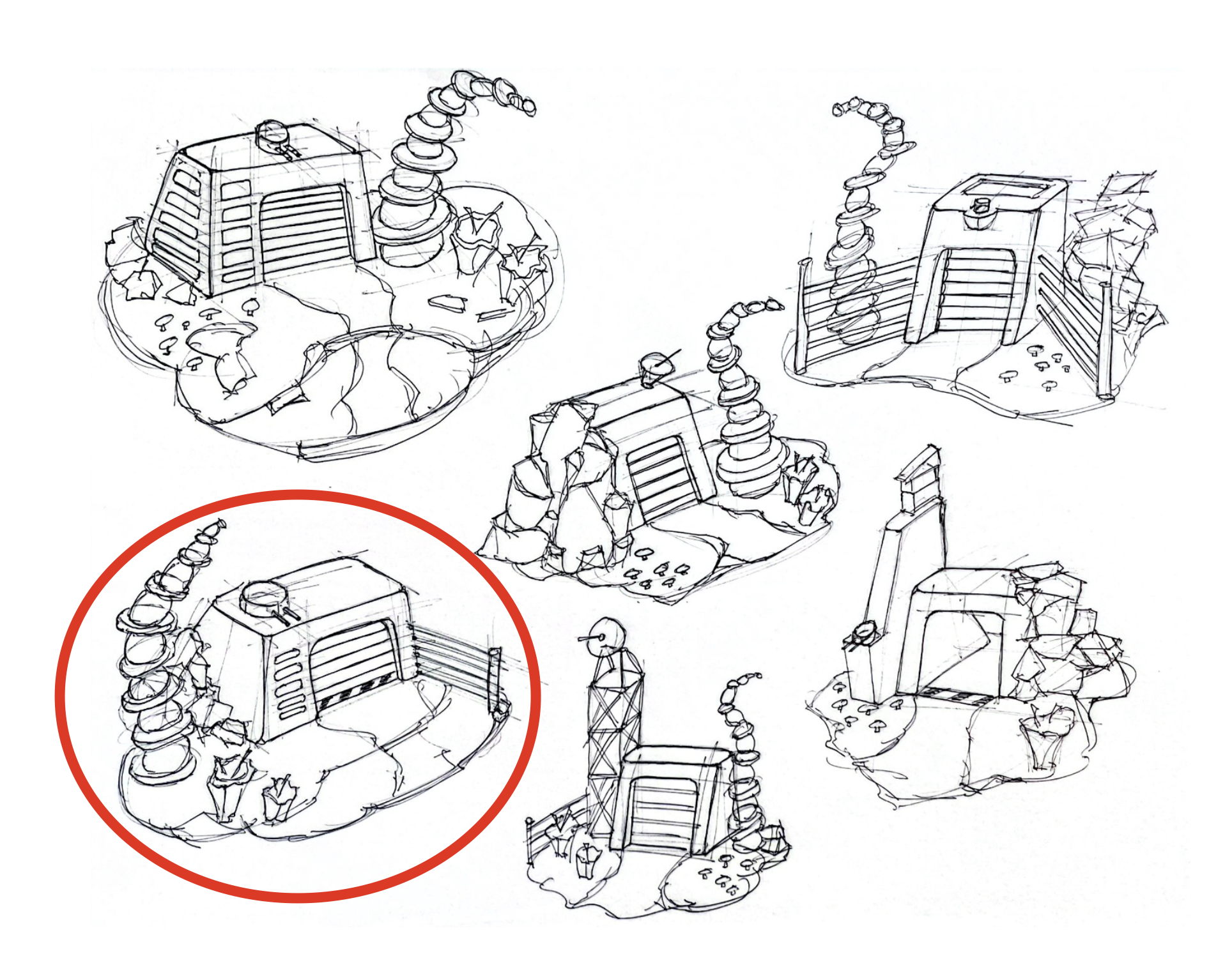 Developed ideas for a bunker including the chosen concept