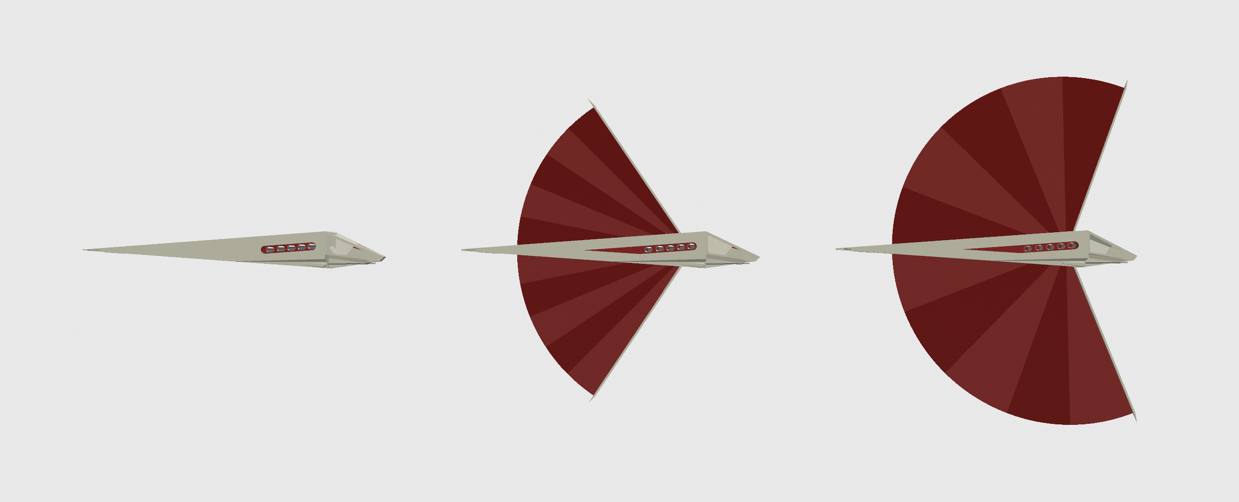 Transition of opening sail fan when switching from patrol to pursuit configuration
