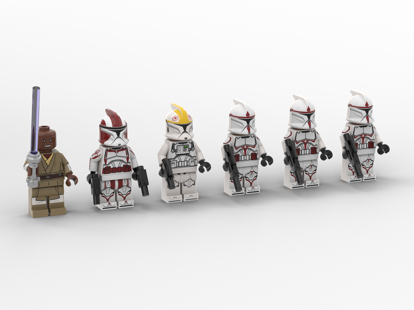 Minifigure lineup includes Mace Windu™, Commander Stone, a clone pilot, and 3 Coruscant Guards™. Mace Windu prints sourced from Mecabricks. Remaining custom prints created and adapted by me