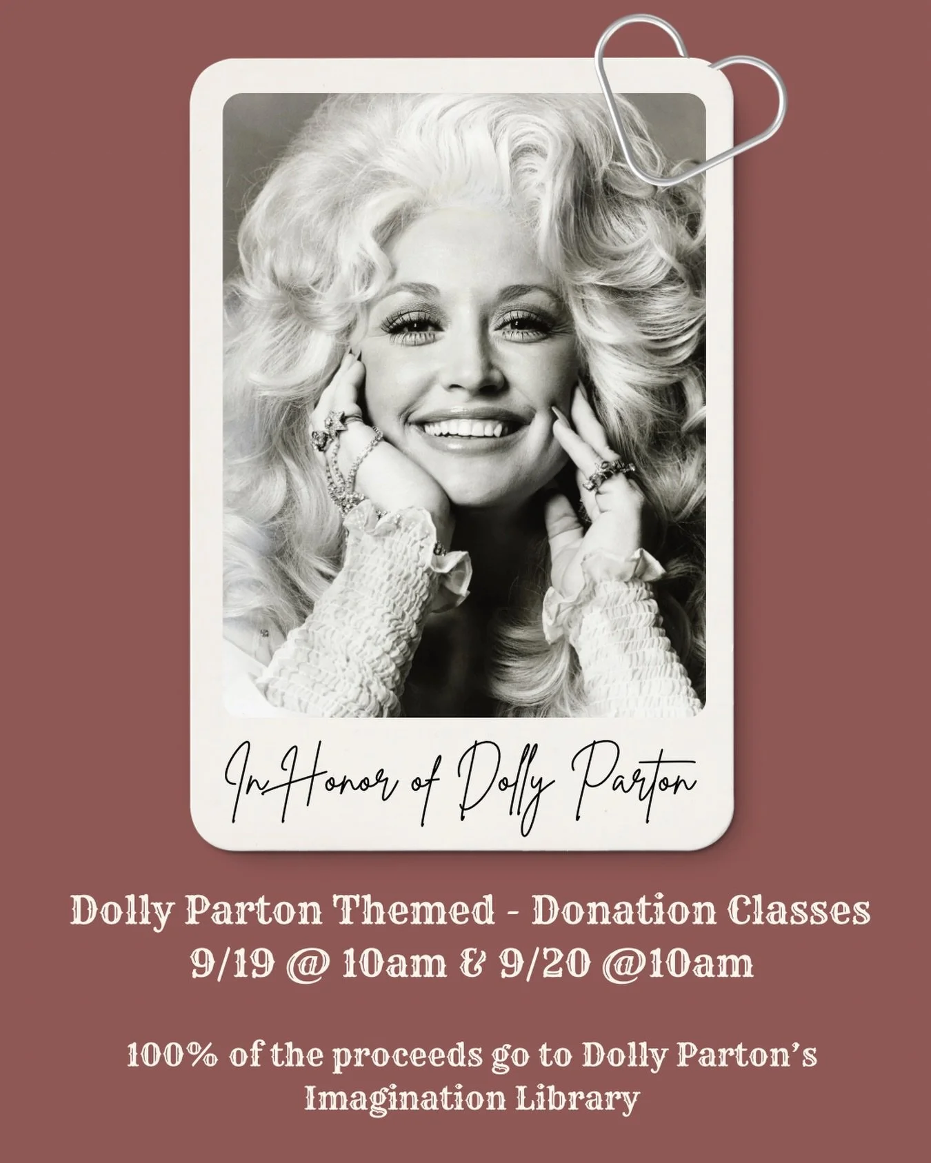 Celebrating Dolly the best way we know how. 🤍

We&rsquo;re hosting two Dolly tribute classes with 100% of proceeds benefiting Dolly Parton&rsquo;s Imagination Library. 📚✨

A little movement. A lot of Dolly. And a chance to give back in honor of a w