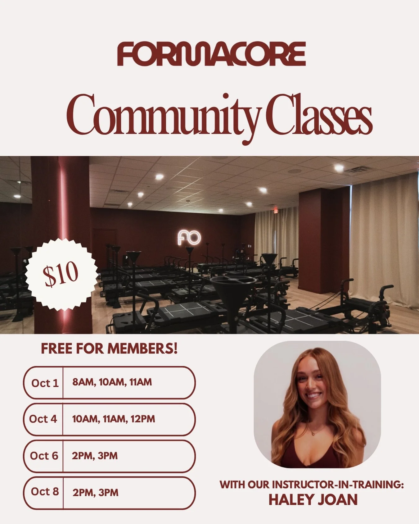 $10 Community Classes with Haley now available! 
Free for members ❤️

Come form with us for just $10 while helping our instructor-in-training Haley find her voice on the mic. 💪🏻
Come move, cheer her on, and be part of her journey!

10/1 - 8am, 10am
