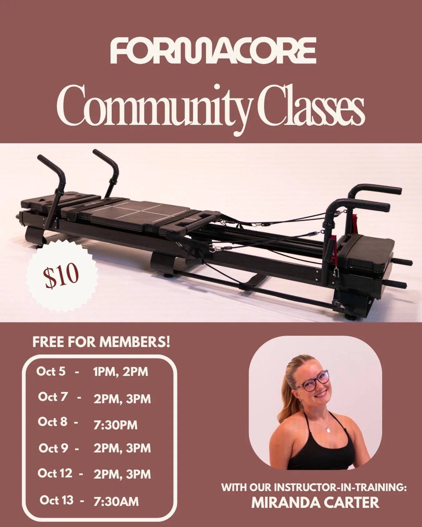 More $10 Community Classes just dropped! 

Miranda is debuting at Formacore, which means you get more chances to get in on that $10 class deal 👀

Grab a spot with Miranda, bring your best vibes and come move with us. 🤎

10/5 - 1pm, 2pm
10/7 - 2pm, 