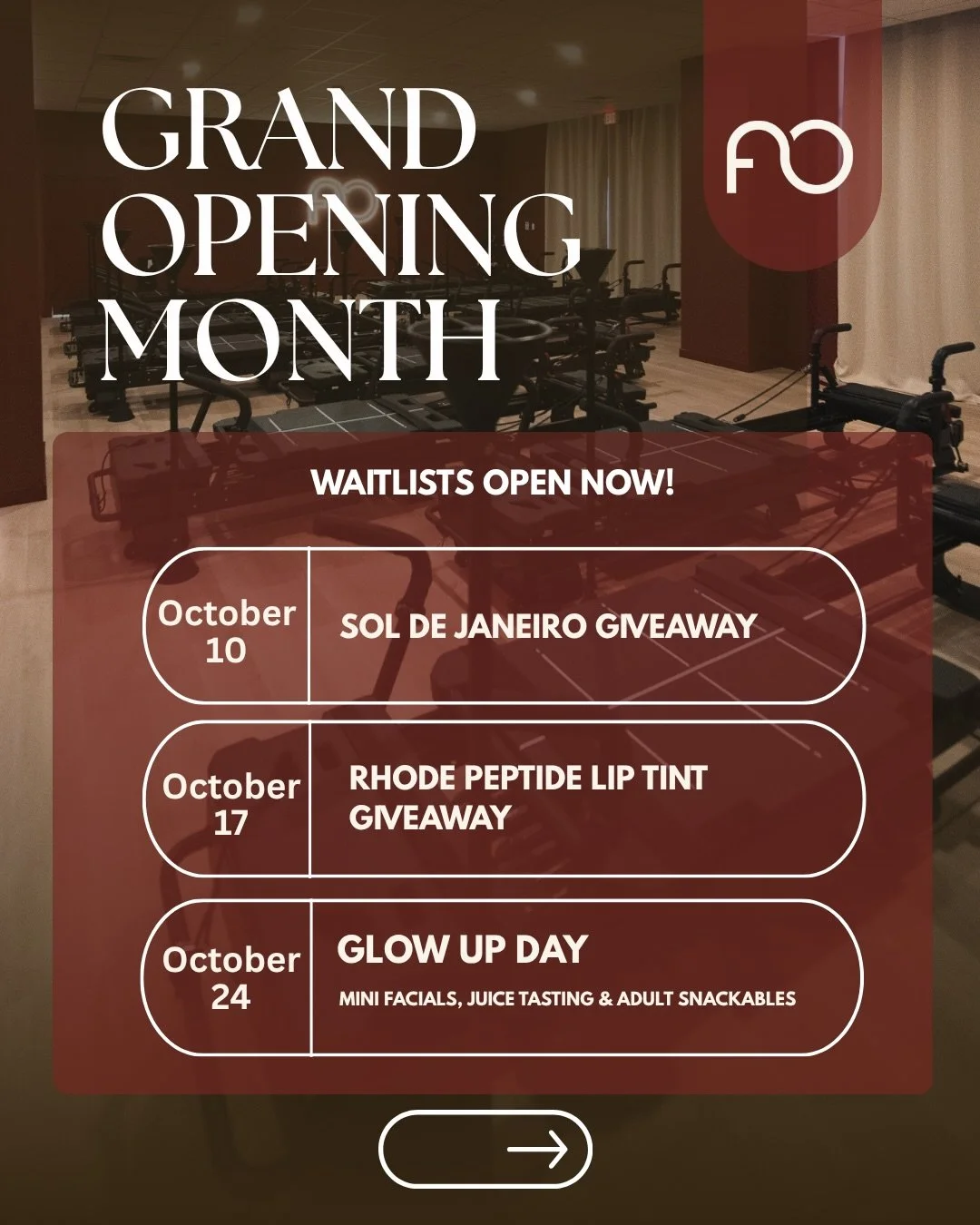 One down, THREE TO GO! Here&rsquo;s a look at what&rsquo;s coming up: 

☀️ 10/10 | SOL DE JANEIRO GIVEAWAY A little sunshine in a jar. Come take class for your chance to snag a Sol de Janeiro treat!
💋 10/17 | RHODE PEPTIDE LIP GIVEAWAY Your favorite