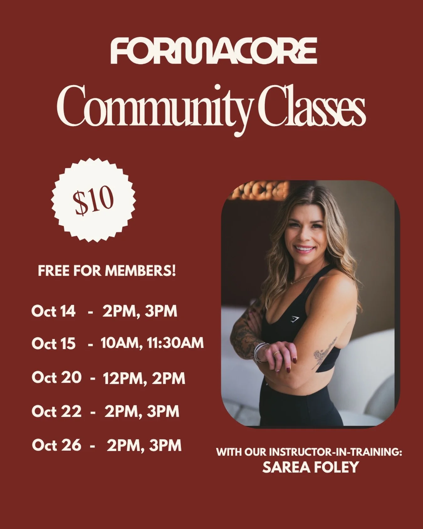 We&rsquo;re keeping the $10 community classes going! 

Please welcome our newest instructor-in-training, Sarea, to the mic! 
A little practice for her, a whole lot of spicy shakes for you 🔥

10/14 - 2pm, 3pm
10/15 - 10am, 11:30am
10/20 - 12pm, 2pm 
