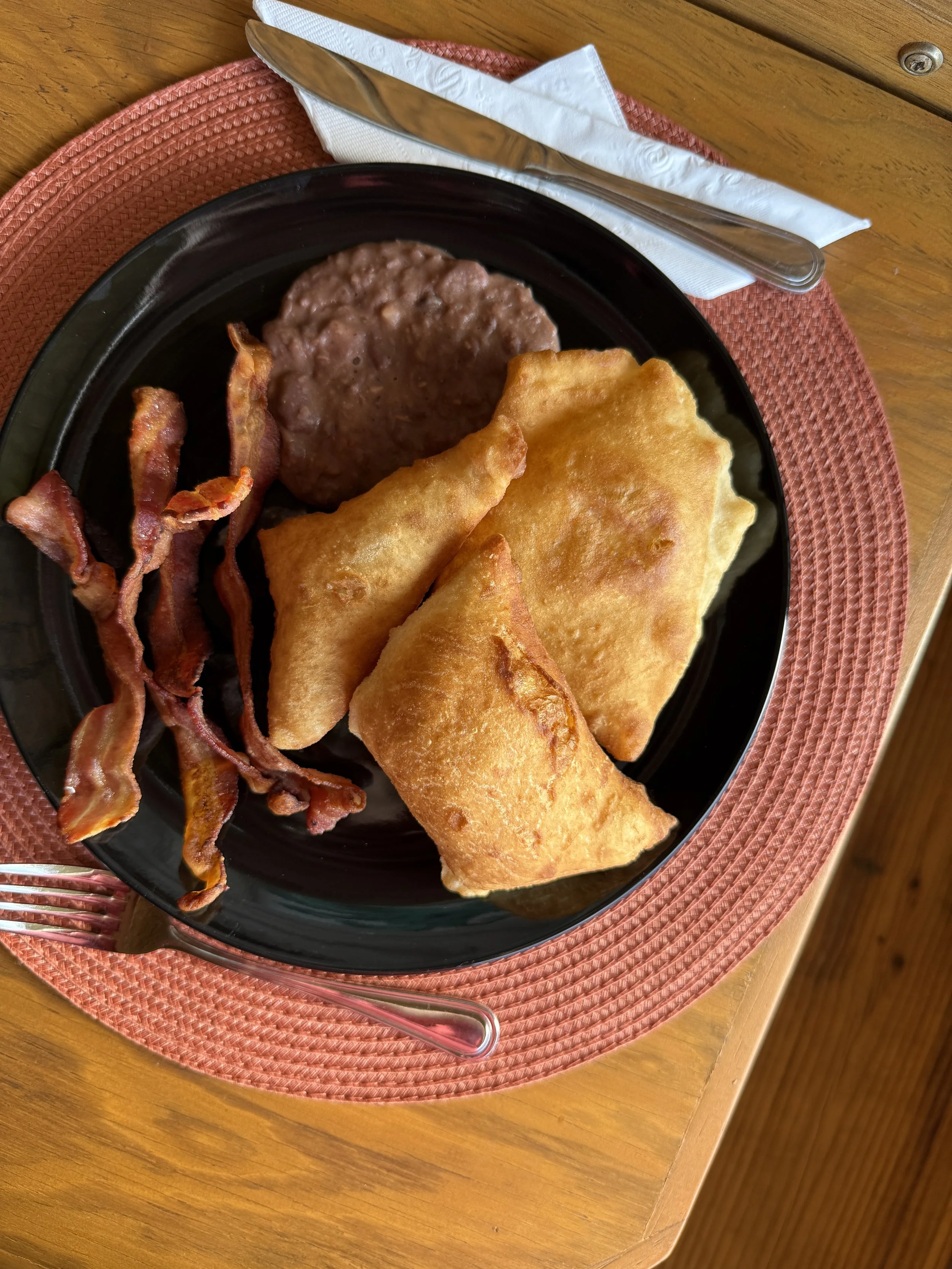 Belizean Breakfast - Beans and Fry Jack and Bacon