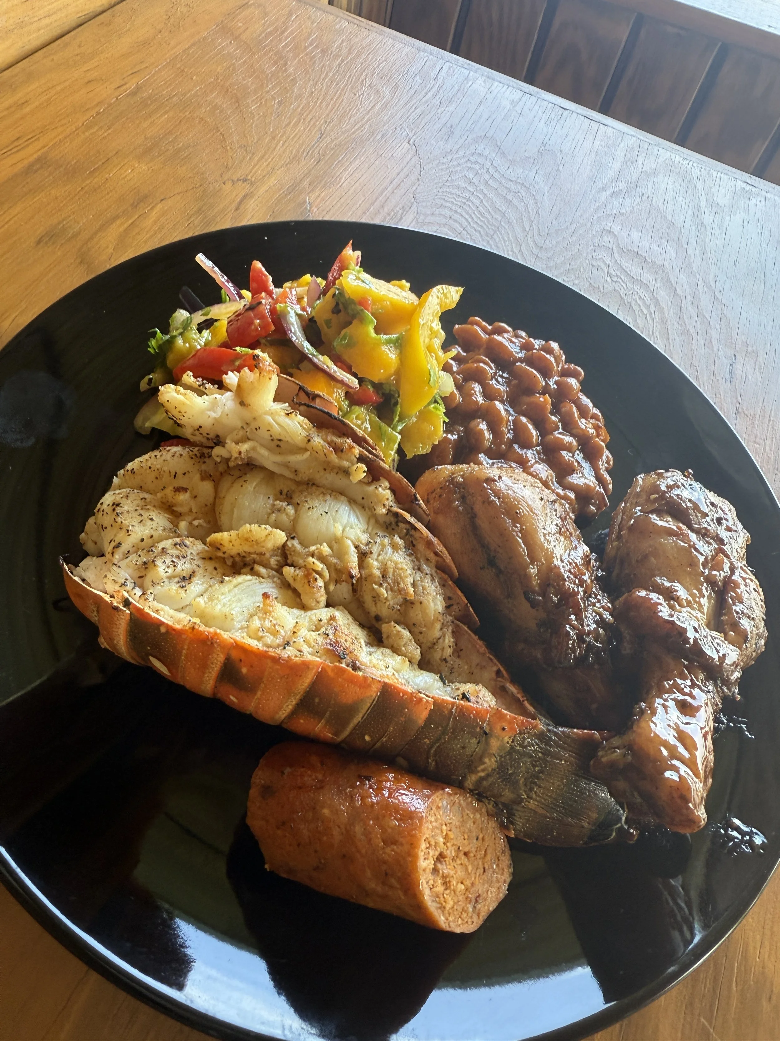 Lobster Season - Lobser Lunch - Grilled Sausage and BBQ Chicken with Saland and Beans