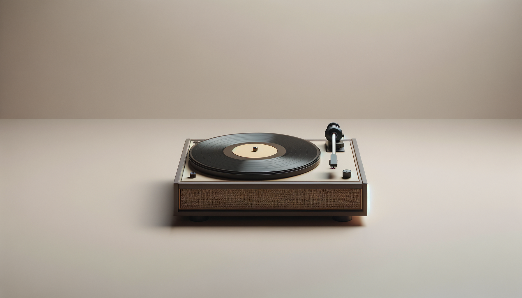 A vintage turntable on a plain, light-colored surface with a neutral background.